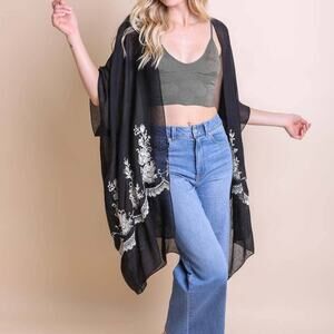 Lightweight Floral Embroidered Tassels Boho Festival Kimono Wrap Black